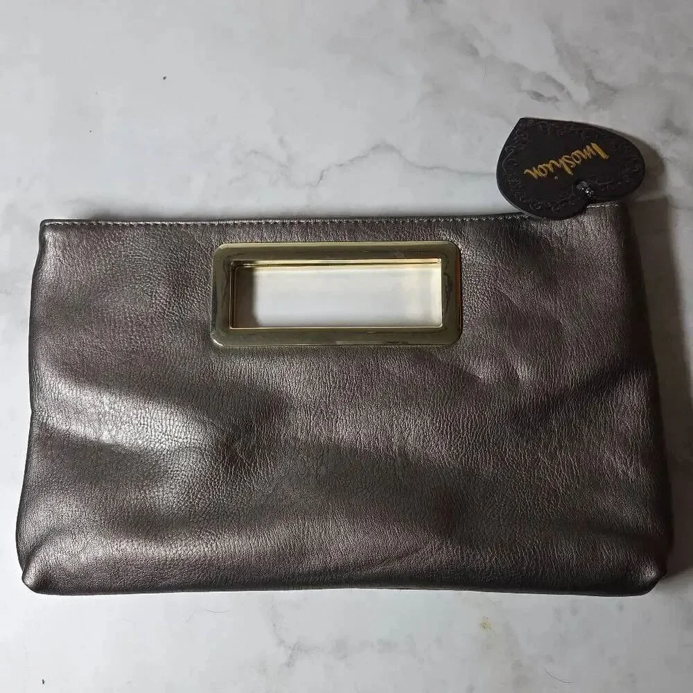 NWT Imoshion Metallic Pewter Vegan Leather Clutch with Gold Hardware